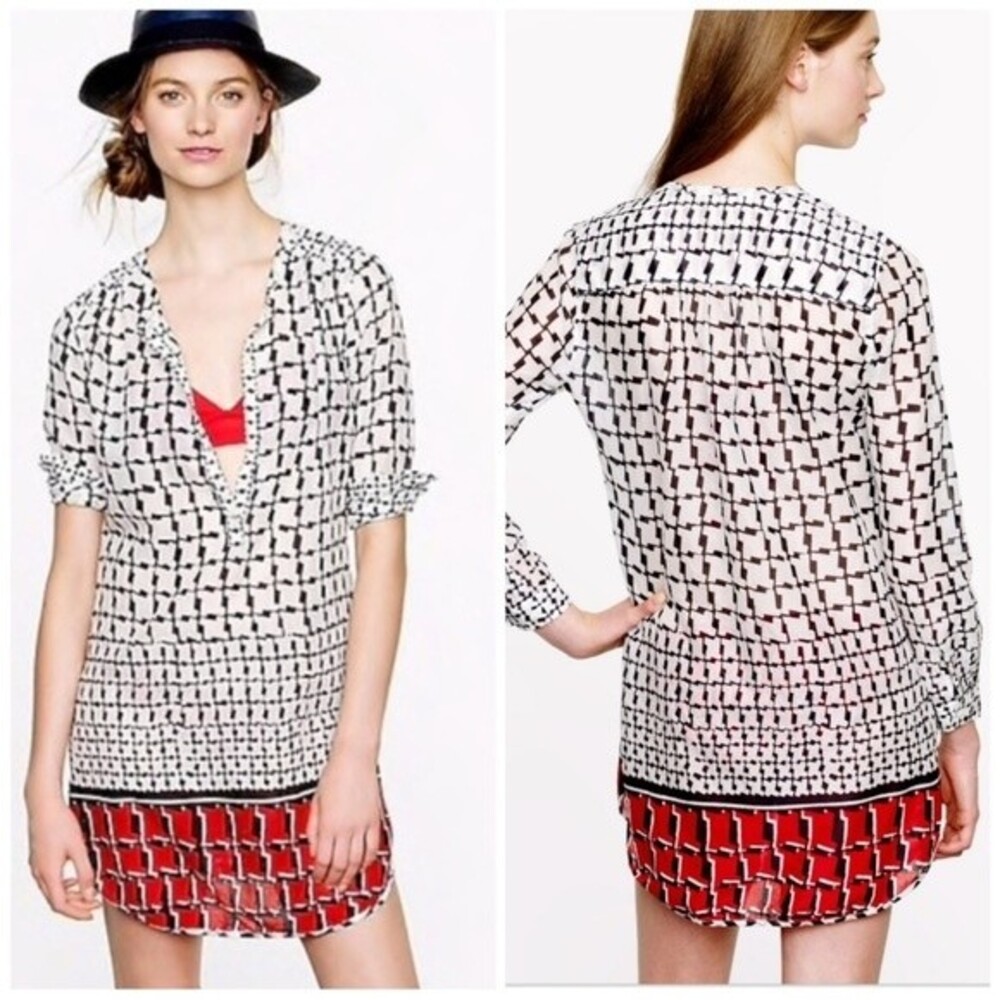 J. Crew Cubist Houndstooth Tunic/Cover Up, Black White Red, Size XS NWOT